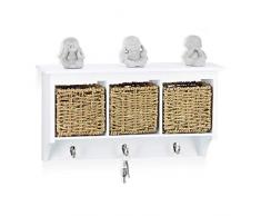 Relaxdays Perchero Pared con Cestos Almacenaje, Colgador Llaves, Estante, DM y Hierba Marina, 27 x 51 x 14,5 cm, Blanco