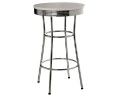 DRW - Mesa Alta Redonda Estilo Retro Diner de Metal y Madera de y PVC en Blanco y Acero Inoxidable 60x100cm