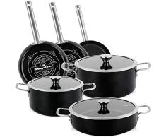 Magefesa Ares BaterÃa Cocina Inducción 9 Piezas, Antiadherente Libre PFOA Esmalte Exterior Negro Mate, Set Cazuelas Tapa Vidrio, Sartenes, Herrajes Inox Satinados, Retro Estilo Vintage