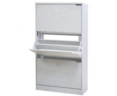 BAKAJI Zapatero de madera MDF con 3 puertas para zapatos abatibles, asas retráctiles, doble profundidad, tamaño compacto, delgado, 63 x 24 x 115 cm, entrada de casa (blanco fresinado)