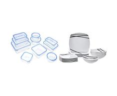 AmazonBasics - Recipientes de cristal para alimentos, con cierre 20 piezas (10 envases + 10 tapas), sin BPA + Vajilla de 18 piezas, LÃneas modernas, 6 servicios