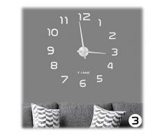 Relaxdays Reloj analÃ³gico de Pared, NÃºmeros en 3D, Adhesivo, InstalaciÃ³n Sencilla, 1 Ud, Plateado, AcrÃ­lico