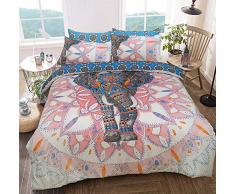 Sleepdown - Juego de Ropa de Cama, con diseño de Elefante y Mandalas, Funda de edredón y Fundas de Almohada, Reversible, hipoalergénico, de fácil Cuidado, Suave, Color Rosa/Azul, tamaño Doble
