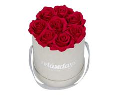Relaxdays Rosas Artificiales, Caja de Flores Gris, 8 Unidades, Ramo Decorativo, Flower Box, Cartón-Tela-PP, Rojo, 8