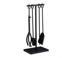 Relaxdays Accesorios Chimenea, Modernos, Juego de Estufa con Atizador, Pinzas, Escoba, Pala y Soporte, Negro, 100% Acero, Set de 5 Piezas