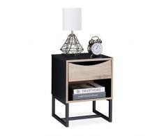 Relaxdays Mesita Noche con CajÃ³n, 50 x 39 x 35 cm, Mesa Cama Auxiliar, Metal, Efecto Madera, SalÃ³n, Dormitorio, Negro, ingenierÃ­a