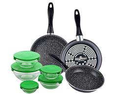 Magefesa K2 GRANSASSO set de 3 sartenes redondas de Ã18/20 y 24, en acero esmaltado vitrificado, en gris, inducción y lavavajillas, y juego de 10 piezas: 5 boles de vidrio + sus 5 tapas en verde