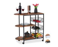Relaxdays Carro de Servir, Carrito de Cocina con 3 estantes y 3 cestas, Industrial, Metal y MDF, HBT: 84 x 83 x 37 cm, Acero 50% Tablero de Fibra, Marrón y Negro, 1 Unidad