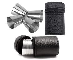 Juego de 4 vasos de chupito de acero inoxidable irrompibles de 30 ml con 1 funda portÃ¡til de piel negra para senderismo, picnic, camping, viajes