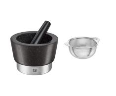 ZWILLING Mortero de especias con mazo, Altura: 10 cm, Ã 11 cm, Granito, Negro & 39643-020-0 Colador Mesa, Acero inoxidable, 20 cm