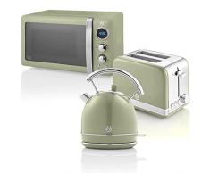 Swan Retro Set Desayuno Hervidor de Agua 1,8 L, Tostadora Pan Ranura Ancha 2 Rebanadas, Microondas Digital 20L, 6 Niveles de Potencia,Temporizador, Puerta Espejo, Diseño Vintage, Verde, Talla Ãnica