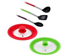San Ignacio PK1904 Pack 2 tapas universales de cristal en color rojo y verde + 3 utensilios de cocina en nylon