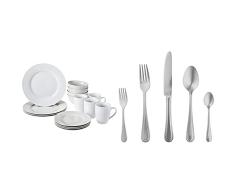 Amazon Basics - Vajilla para 4 personas (16 piezas) + â Juego de cuberterÃa de acero inoxidable de 20 piezas con borde perlado, servicio para 4