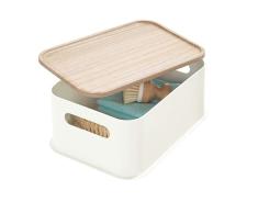 iDesign Caja organizadora con asas, cesta organizadora mediana de plÃ¡stico reciclado y sin BPA, caja con tapaÂ de madera de paulownia, blanco