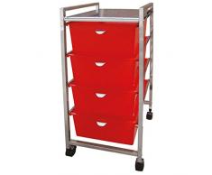 Laroom Carrito Ancho 4 cajones, Chrome Acero Inoxidable Structure y PP Drawers, Rojo