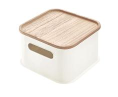 iDesign Caja organizadora con asas, cesta organizadora mediana de plástico reciclado y sin BPA, caja con tapa de madera de paulownia, blanco