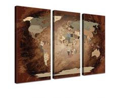 LanaKK mapamundi con corcho para fijar los destinos - Lámina sobre bastidor camilla en marrón, enmarcado en tres partes, 120 x 80 cm, español intensivo