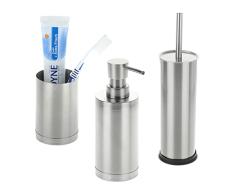 Relaxdays Set Baño Accesorios, 3 Piezas Acero Inoxidable, Vaso, Dispensador Jabón, Portaescobilla WC, Plateado, 100%