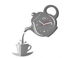 FLEXISTYLE Moderno Reloj de Pared para la Cocina Taza y Tetera Gris, 45 cm x 45 cm, 3D, silencioso, diseño