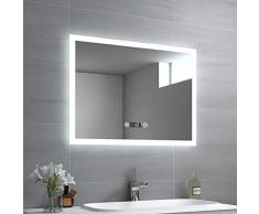 EMKE Espejo de baño LED 80 x 60 cm, Espejo de baño con iluminación Blanca frÃa, Espejo de 6500 K, Espejo de Pared con Interruptor táctil, antivaho, Reloj IP44 de bajo Consumo