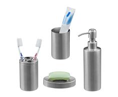 Relaxdays Set de Baño Accesorios, Juego 4 Piezas Acero Inoxidable, Jabonera, Soportes, Vaso, Dispensador Jabón, Plateado, 1 Unidad