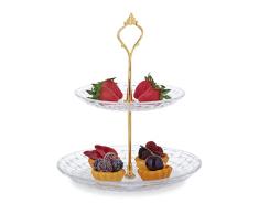 Relaxdays Soporte Tartas, Vidrio y Hierro, 2 Niveles, 23x20cm, Bandeja Cupcakes, Redondo, con Asa, Transparente y Dorado, 90% Cristal 10%