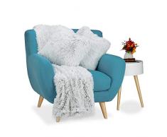 Relaxdays Pack de Manta Sofá y 2 cojines de Pelo, Poliéster, Blanco y Marrón, 200x150x0.5 cm