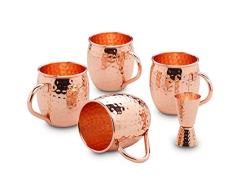 ECHTWERK Juego de 5 vasos de cobre Moscow Mule, fabricados en acero inoxidable con aspecto martillado, compuesto por 4 vasos de cobre de 500 ml y 1 vaso medidor de 2 cl / 4 cl.