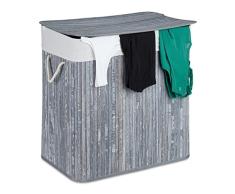Relaxdays Ropa Sucia, 3 Compartimentos, con Tapa, Cesta Colada Rectangular, 62x62, Bambú, Gris/Blanco, 50% 30% poliéster 20% Cartón, 2x62,5x42,5 cm