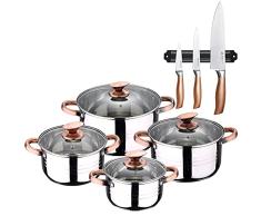 San Ignacio Bateria de cocina 8 piezas apta para induccion Altea en acero inoxidable con set de 3 cuchillos en acero inoxidable con barra magnetica aptas para induccion, PK3238