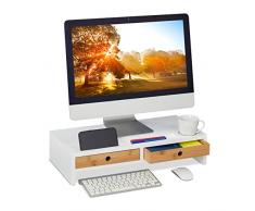 Relaxdays Soporte para Monitor, 2 cajones, Elevador de PC para Escritorio, 12 x 56 x 27 cm, bambú y Tablero de Fibra de Densidad Media, Color Natural, 80% 20%, Blanco/Crema