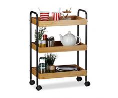 Relaxdays, Marrón y Negro, 70 x 50 x 28 cm Carrito Cocina con 3 Niveles y Ruedas Giratorias, Bambú y Acero