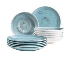 MÃSER Serie Derby Vajilla Premium para 6 Personas de Calidad gastronómica, Juego de Platos Modernos de 12 Piezas, con Efecto Pincel de Mano, Color Azul, Porcelana