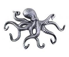 Hampton Nautical RÃºstico Oscuro Azul y Blanco Hierro Fundido Pulpo Gancho 11Â InchÂ âÂ Gancho de Pared GanchoÂ âÂ Sealife Metal Decorativo, Plateado