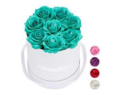 Relaxdays Rosas Artificiales, Caja de Flores Blanca, 8 Unidades, Ramo Decorativo, Flower box, Cartón-Tela-PP, Turquesa