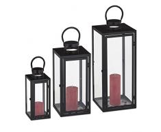 Relaxdays Set 3 Portavelas, Farol Decorativo para Interior y Exterior, 3 Tamaños, Metal, Cristal, Farolillo Vela, Negro, 60% Hierro 40% Vidrio, 63 x 21 x 21 cm