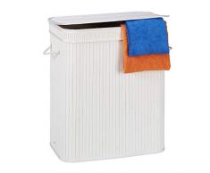 Relaxdays Cesto Ropa Sucia Rectangular con 2 Compartimentos, Cubo Colada, Canasta con Tapa, BambÃº, 95 L, Blanco