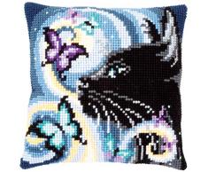 Vervaco PN-0149061 - Cojín de punto de cruz, diseño de gato con mariposas, preestampado, algodón, multicolor, 40 x 40 cm