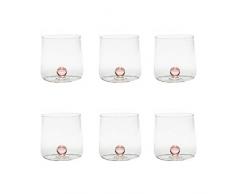 Zafferano Bilia - Vaso Tumbler de Vidrio Transparente Hecho a Mano, Decorado con una Bola de Vidrio de Color en el Interior, cl 44 h 90mm d 88mm, Juego de 6 Piezas - Rosa