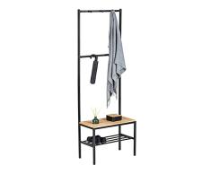 WENKO Perchero de pie Geo, perchero con banco de madera de pino natural, perchero con zapatero de metal negro, perchero de recibidor de diseÃ±o industrial, 59 x 165 x 30 cm, negro/marrÃ³n