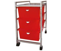 Laroom Carrito Ancho 3 cajones, Chrome Acero Inoxidable Structure y PP Drawers, Rojo