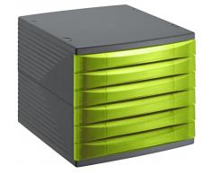 Rotho 1108105519 cajones Box Oficina Quadra de plástico (PS), 6 cajones cerrados, formato A4, alta calidad, aprox. 37 x 28 x 25 cm, Antracita/Verde Oficina Caja, plástico, 27 x 28 x 25 cm