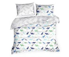 Design91 - Juego de Cama con diseño de Dinosaurios, Funda nórdica de algodón Oeko-Tex, 2 Fundas de Almohada, 1 Funda de edredón, para habitación Infantil, Blanco y Azul, 140 x 200 cm