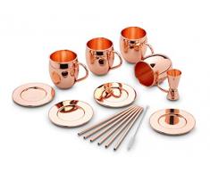 ECHTWERK Juego de 13 vasos de cobre Moscow Mule fabricados en acero inoxidable compuesto por 4 vasos de cobre de 500 ml, 4 posavasos, 4 pajitas y 1 vaso medidor de 2 cl / 4 cl.