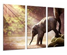 Poster Fotográfico Atardecer Lago Naturaleza Animal Cria Elefante y Madre Tamaño total: 97 x 62 cm XXL