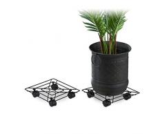 Relaxdays Pack 2 Soportes para Macetas con Ruedas, Cuadrados, Con Frenos, Interior y Exterior, 28x28 cm, Metal, Negro