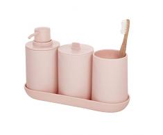 iDesign Set de baño, juego de 4 compuesto por dispensador de jabón, porta cepillo de dientes, algodonero y bandeja de plástico, accesorios de baño para el lavabo, rosa
