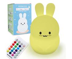 BONNYCO Luz Nocturna Infantil Conejito con Control Remoto y Táctil 16 Colores Lampara Infantil Bebe con Temporizador | Luz Quitamiedos Infantil Silicona 100% Segura, Regalos para Niñas Niños