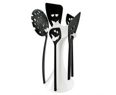 Koziol MEETING POINT - Set de utensilios de cocina, incluye 2 cucharas, 2 espátulas, 1 espumadera, resistentes a 220 °C, color blanco y negro sólido