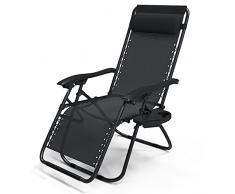 VOUNOT Tumbona Plegable Multiposicione Jardín, Silla Gravedad Cero Reclinable, con Soporte para Bebidas y Reposacabezas Axtraíble, Carga máxima 120kg, Negro